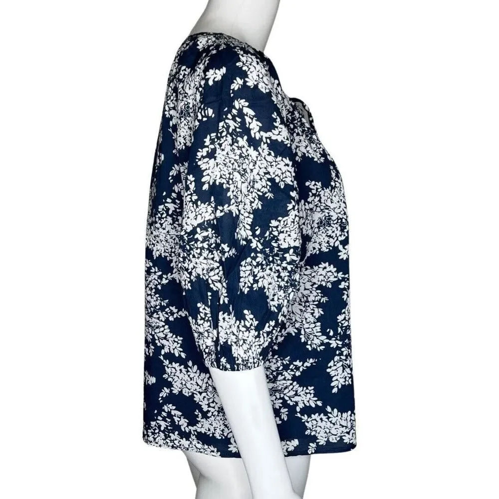 Abercrombie Fitch Shirt Womens Small Navy Blue White Floral Peasant‎ Blouse Boho
